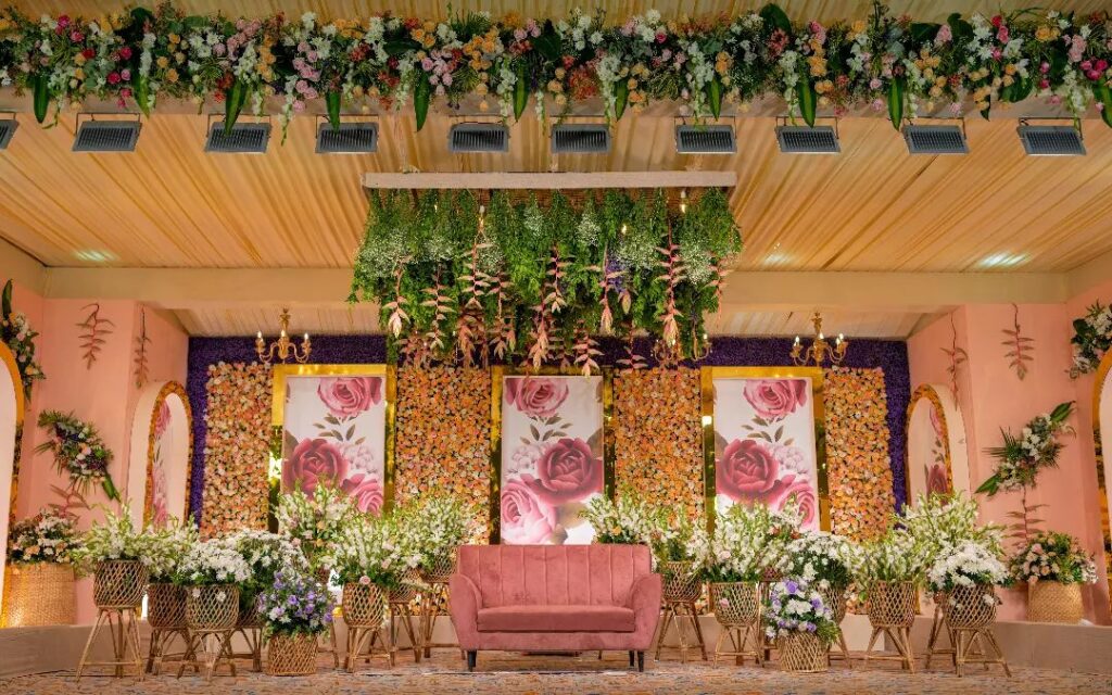 Scenic outdoor wedding setup with elegant seating and floral arrangements in Coimbatore